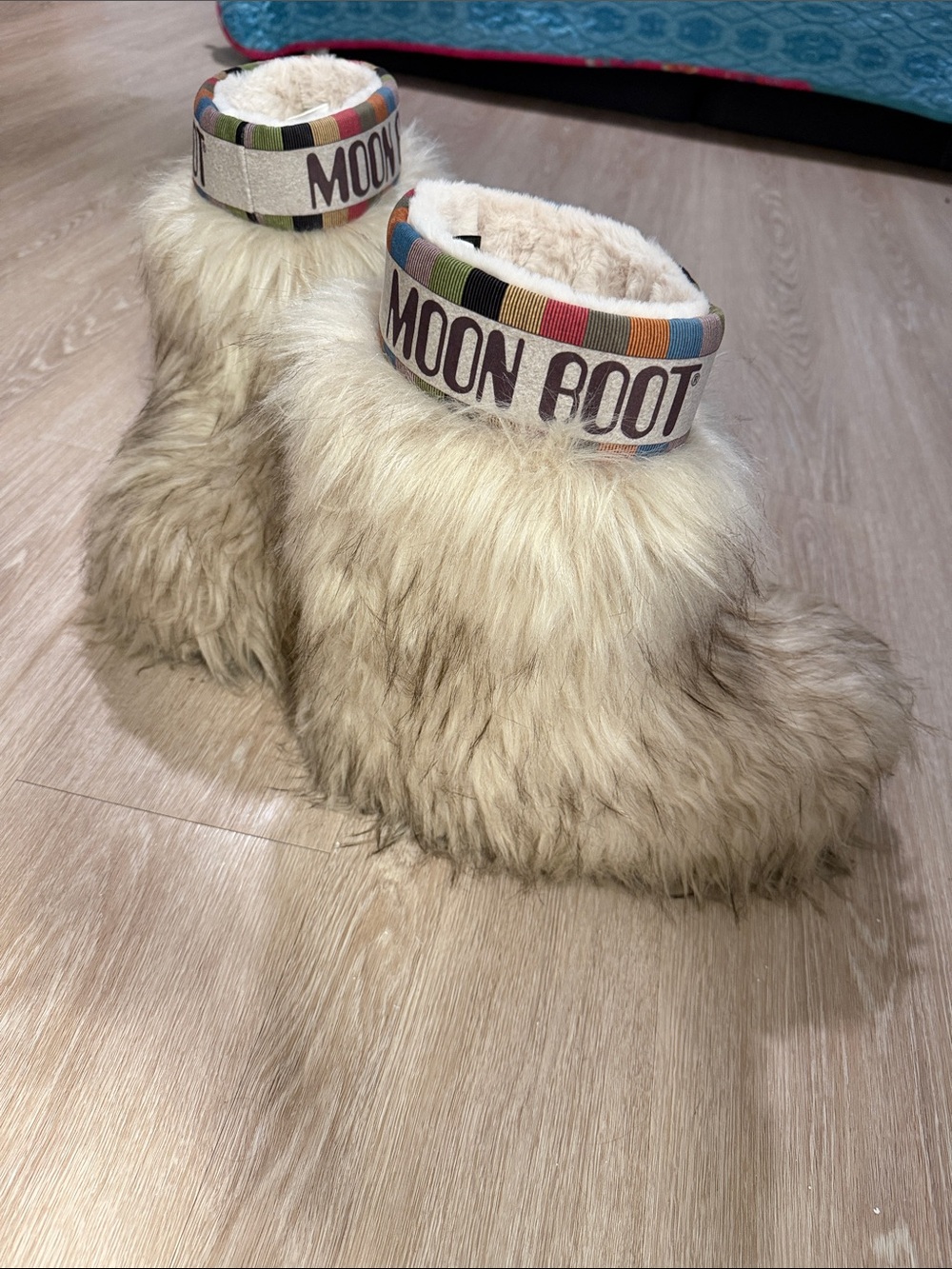 Moon Boot Faux Fur Ankle Boots in Cream with Multicolor Trim